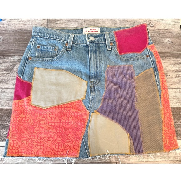 Levi's Dresses & Skirts - Levi's Patchwork Boho Festival Skirt Reworked Upcycled Denim Sz 29 Concert Rodeo